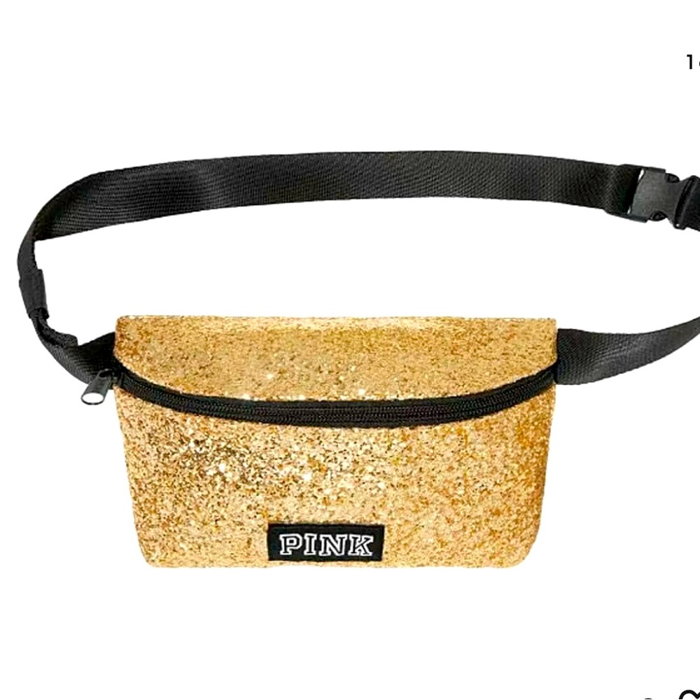Victorias Secret PINK Belt Bag Iridescent Gold Glitter Fanny Pack Cross Body